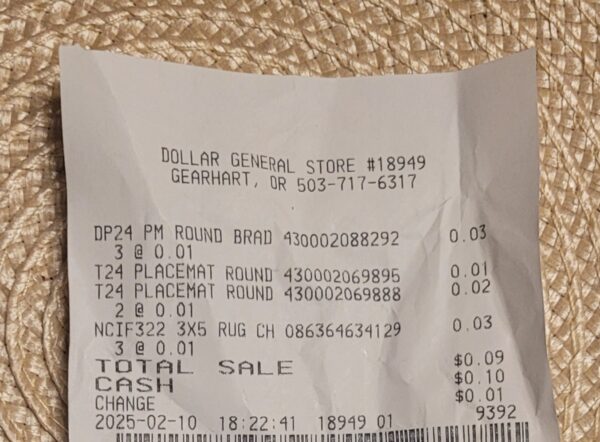 Dollar General receipt for February 10th, 2025