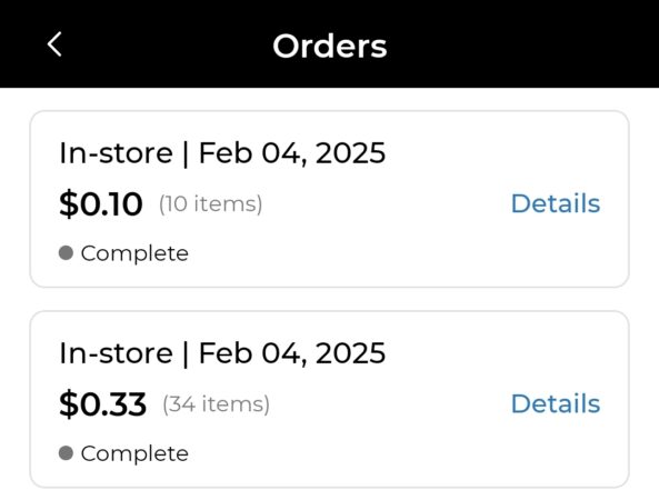 Screenshot of my DG order history